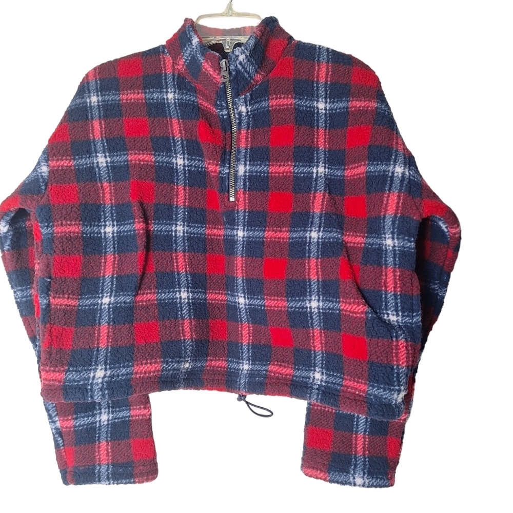 American Eagle Plaid Quarter Zip Cropped Fleece